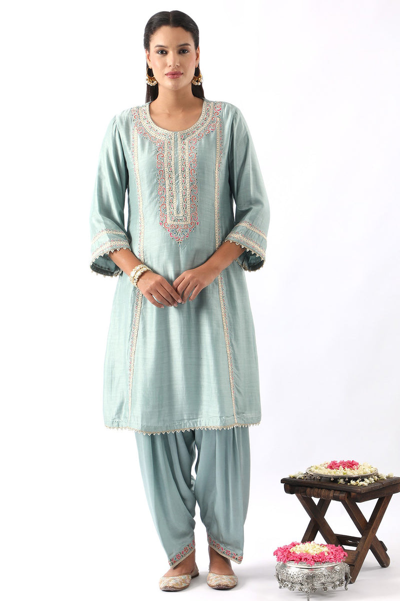 Ice Blue Embroidered A-Line Kurta & Salwar Set