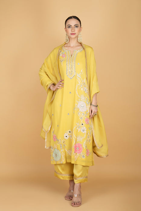 Lime Yellow  Embroidered Kurta W/Pant & Dupatta