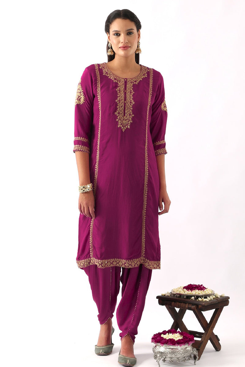 Magenta Pink Neck Embroidered Kurta & Dhoti Set