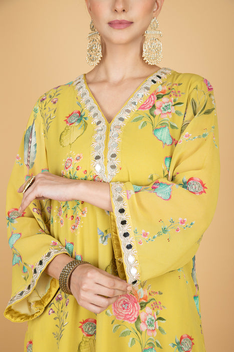 Lemon Yellow Floral Print Mirror Embroidered Kurta With Pants & Dupatta