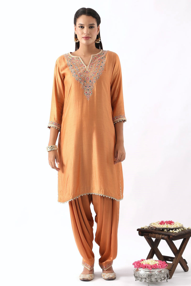 Orange Neck Embroidered Kurta & Salwar Set