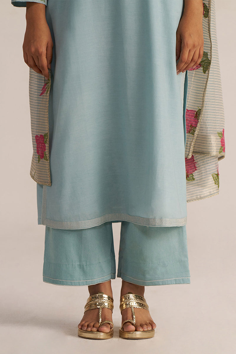 Ether Blue Embroidered and Woven Kurta Set