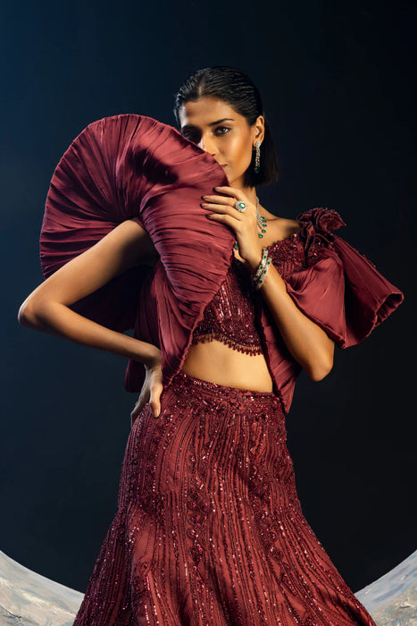 Wine Full Bloom Lehenga