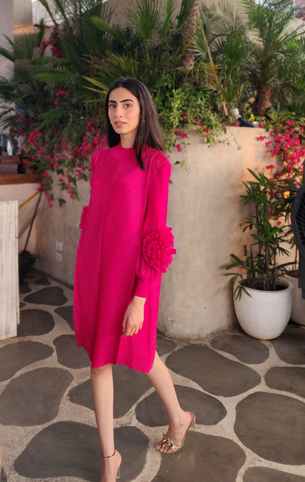 Hot Pink Flora Pleated Dress