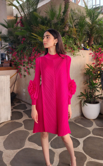 Hot Pink Flora Pleated Dress