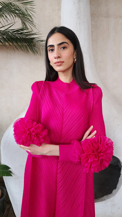 Hot Pink Flora Pleated Dress