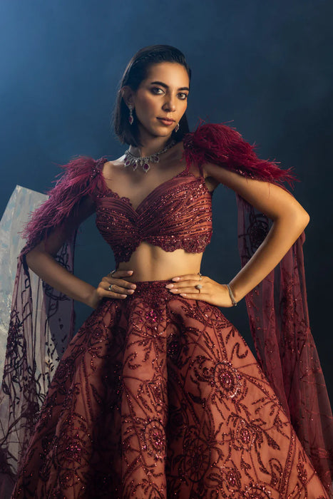 Wine Dewdrop Lehenga
