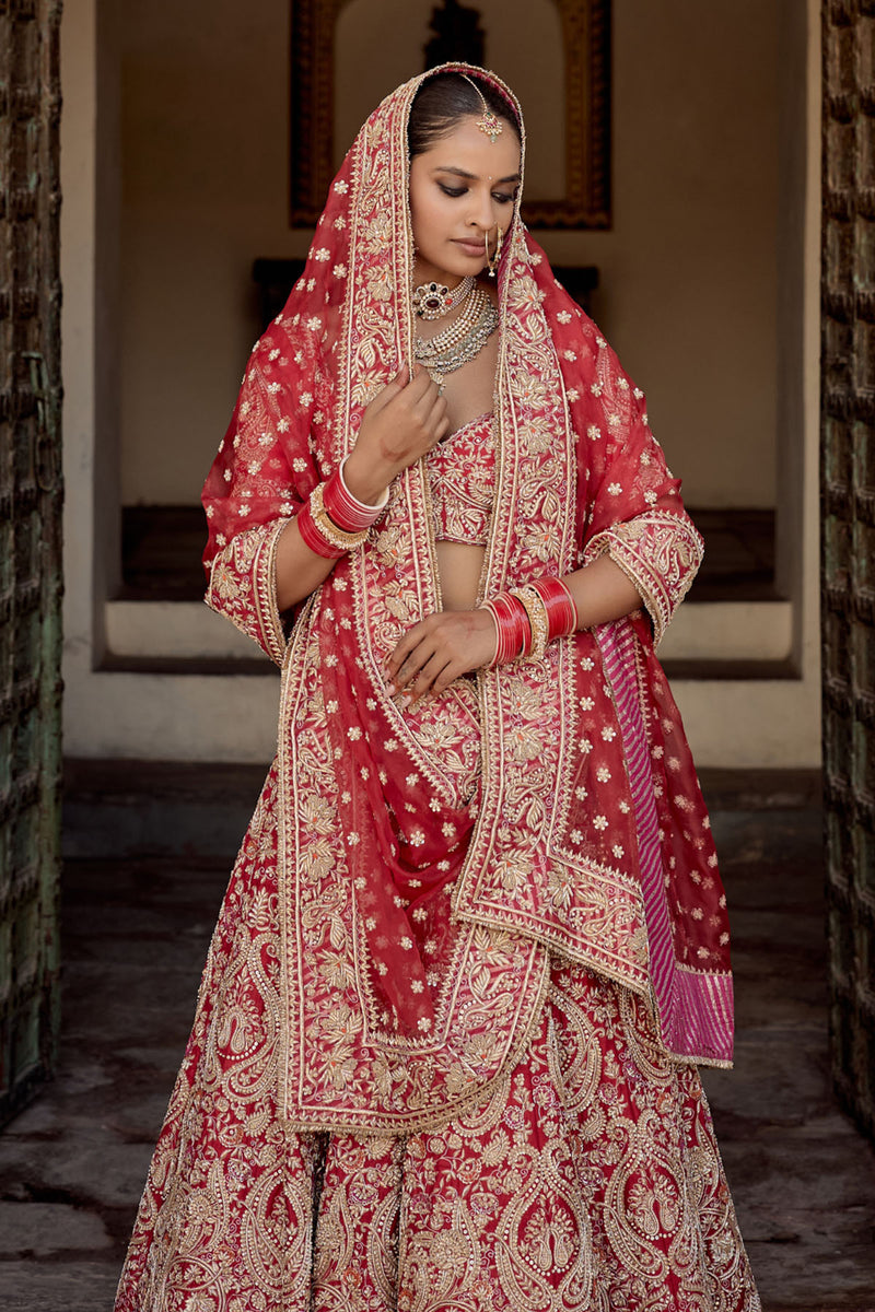 Sanaa - Dabka Zardozi Embroidered Raw Silk Red Bridal Lehenga Set