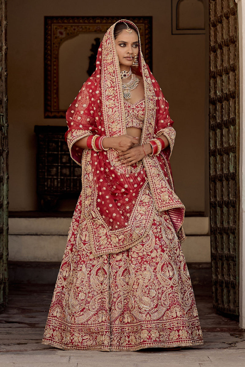 Sanaa - Dabka Zardozi Embroidered Raw Silk Red Bridal Lehenga Set