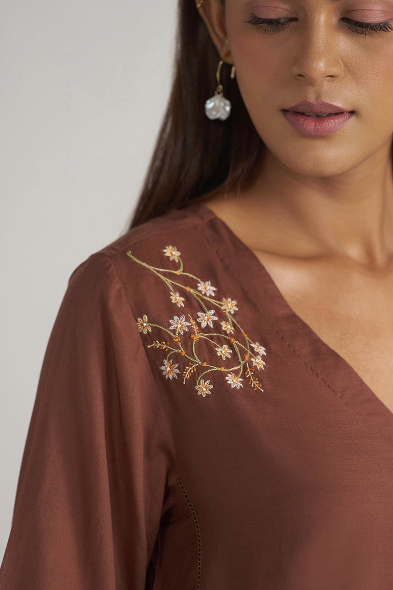 Cocoa Brown Embroidered Mul-Mul Tunic