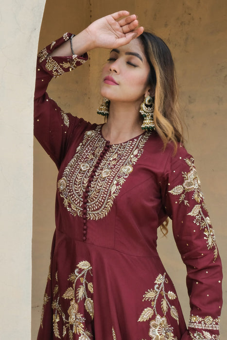 Wine Anarkali Set