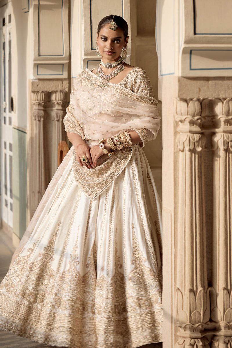 Farah - Dabka Zardozi Embroidered Pure Silk Daisy Ivory Lehenga Set