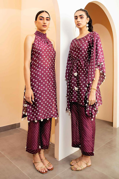 Plum Bandhani Kaftan Set