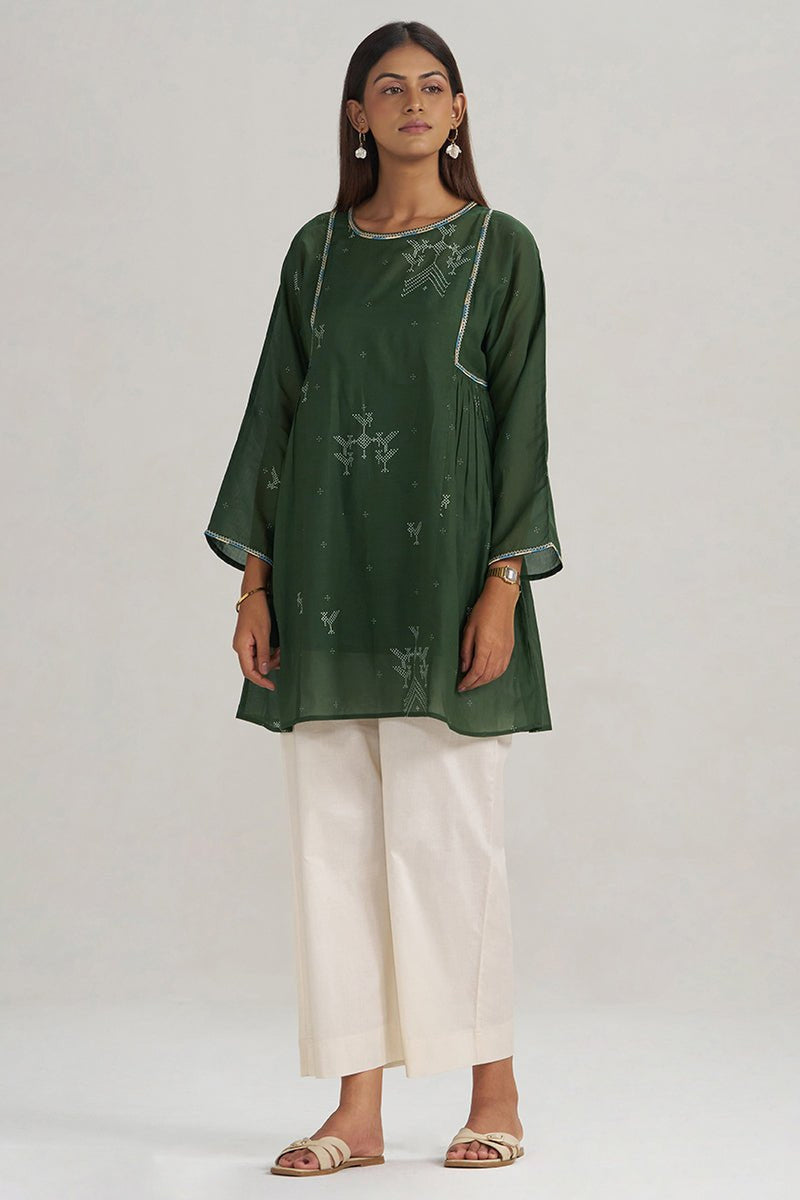 Mehndi Green Hand-Printed Mul-Mul Tunic
