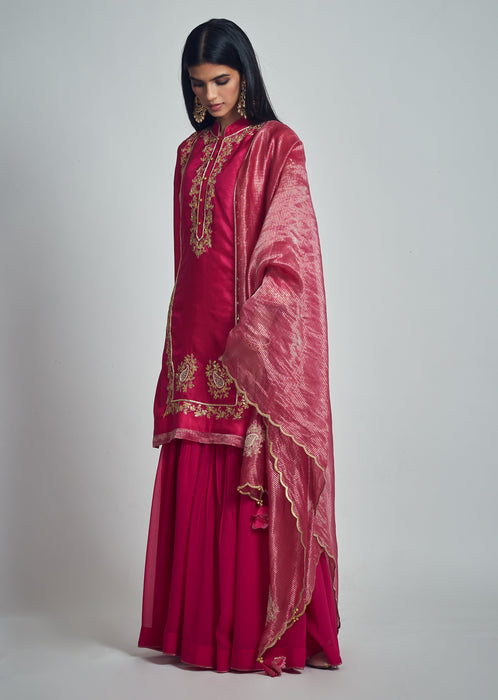 Nasira- Hotpink Pink Habutai silk Gota patti embroidered kurta with garara and dupatta