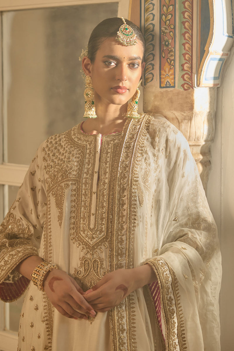 Zoya - Dabka Zardozi Embroidered Rich Banarasi Kalidaar Daisy Ivory Long Chauga Set