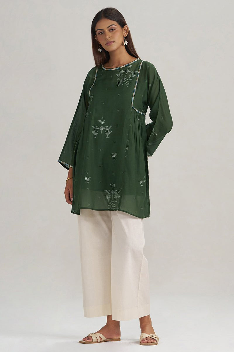 Mehndi Green Hand-Printed Mul-Mul Tunic