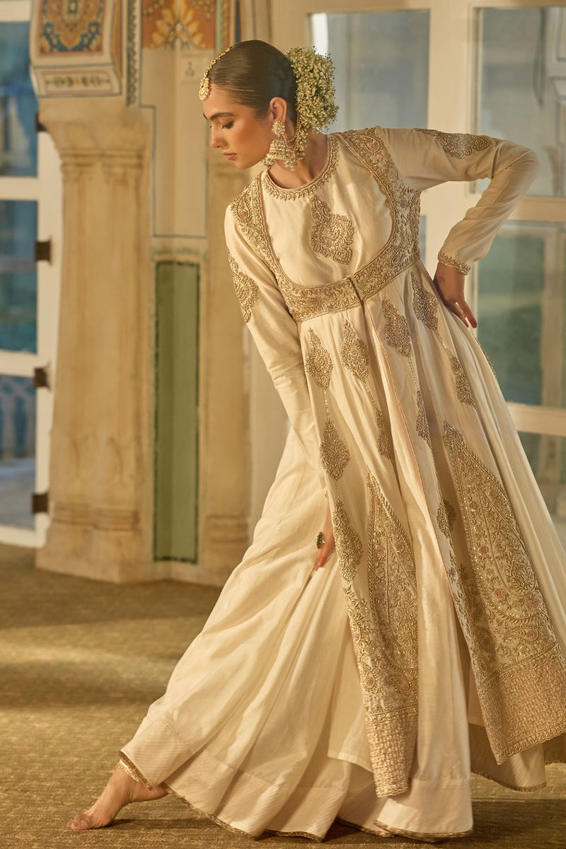 Zainah - Dabka Zardozi Embroidered Silk Daisy Ivory Anarkali  Set