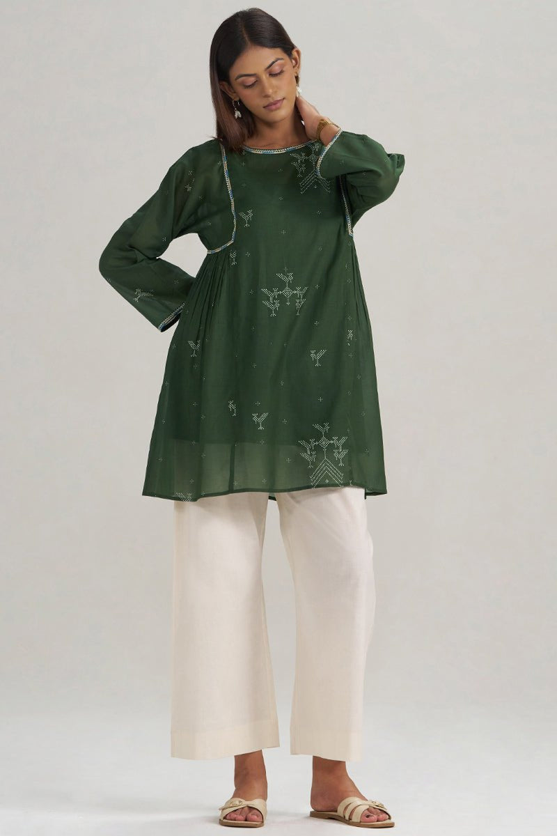 Mehndi Green Hand-Printed Mul-Mul Tunic