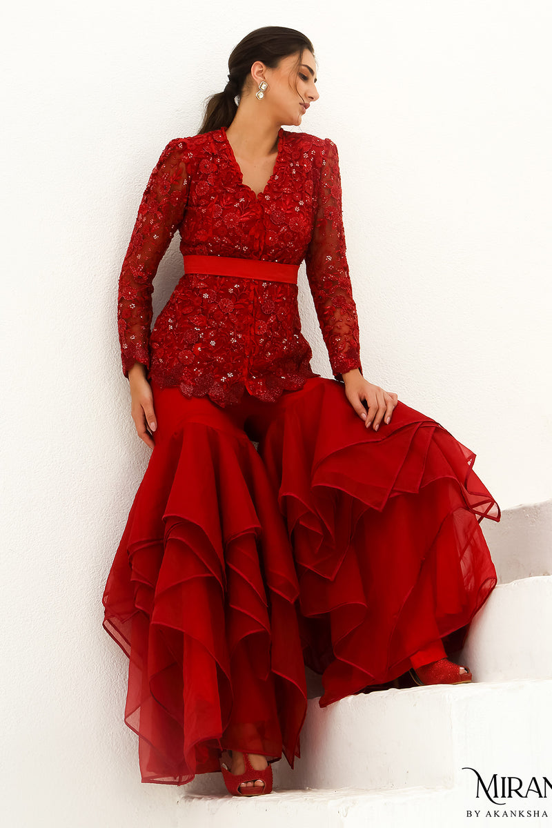 Carmine - Scarlet Red Jacket  Garara Set.