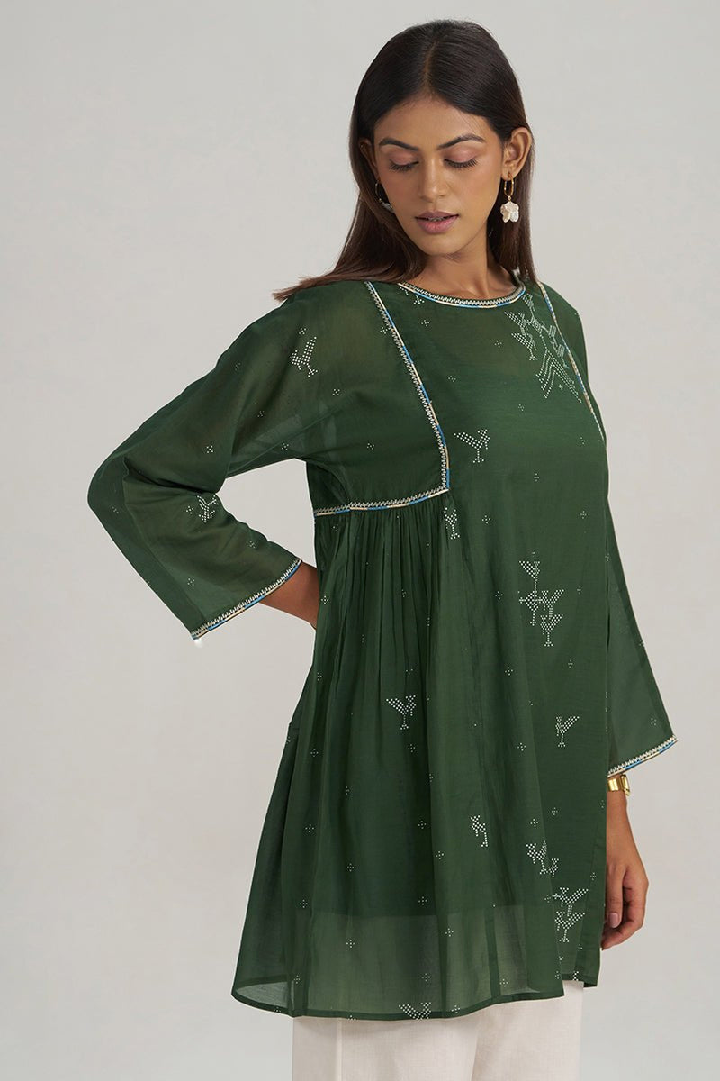 Mehndi Green Hand-Printed Mul-Mul Tunic