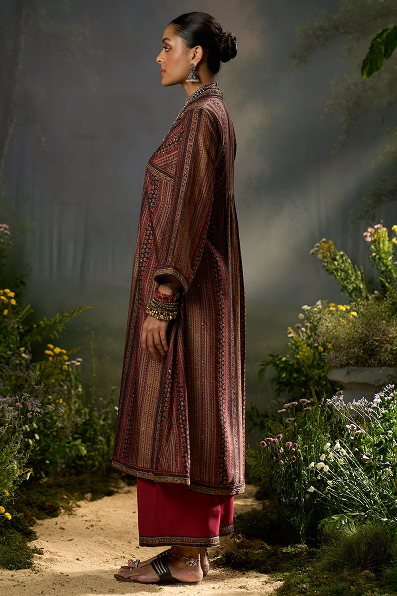Deep Maroon and Black Silk Traditional Co-ord Set