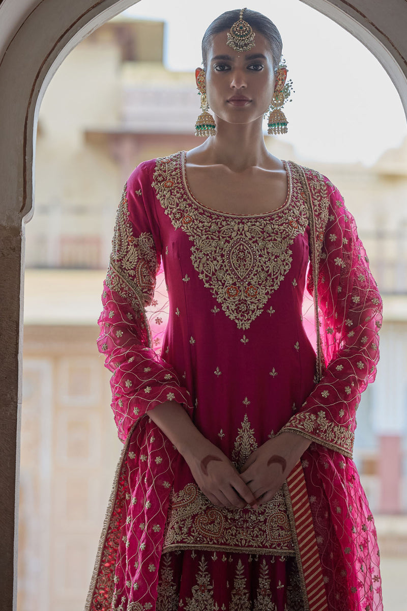 Alina - Dabka Zardozi Embroidered Silk Hotpink Sharara Set