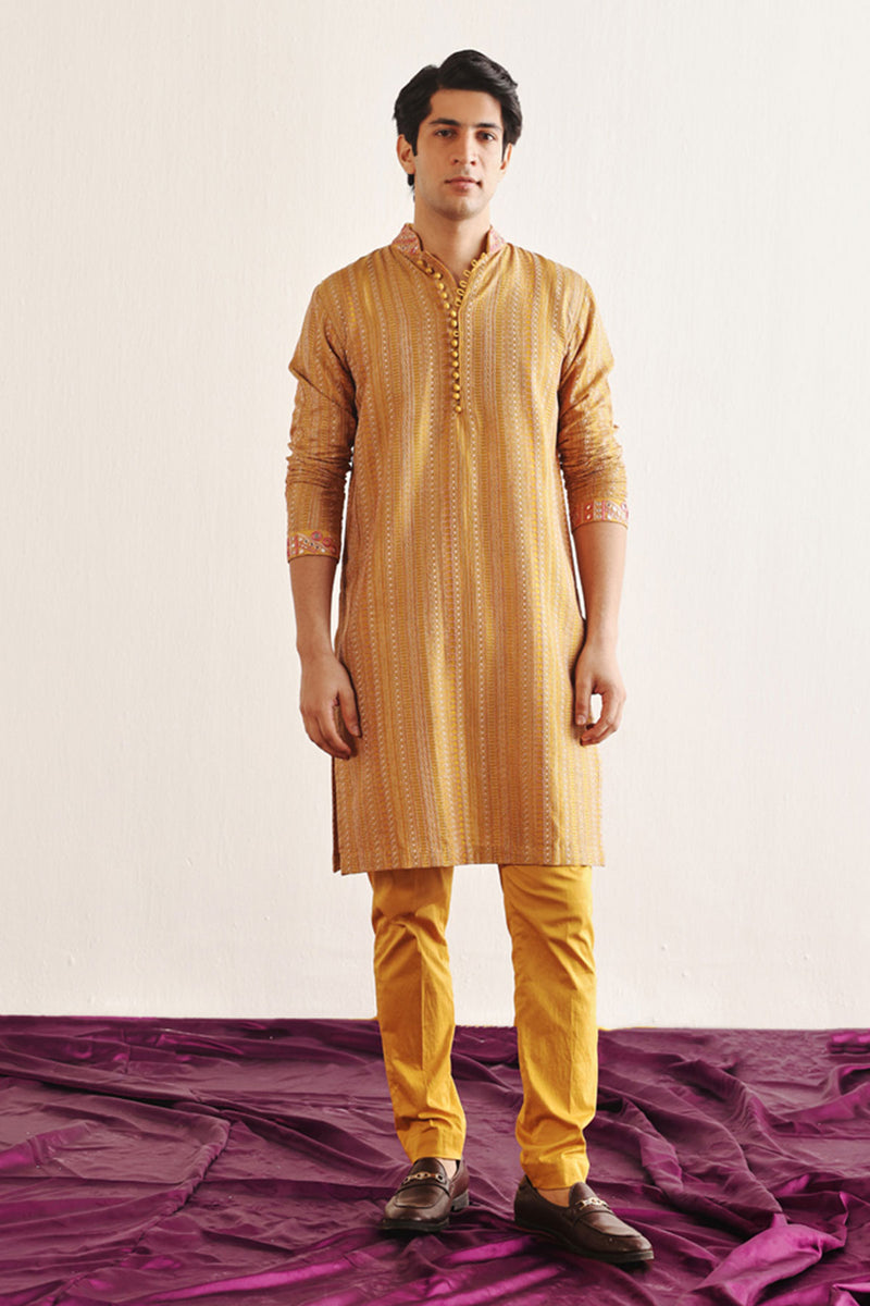 Golden Yellow Kantha Work Kurta With Mirrorwork
