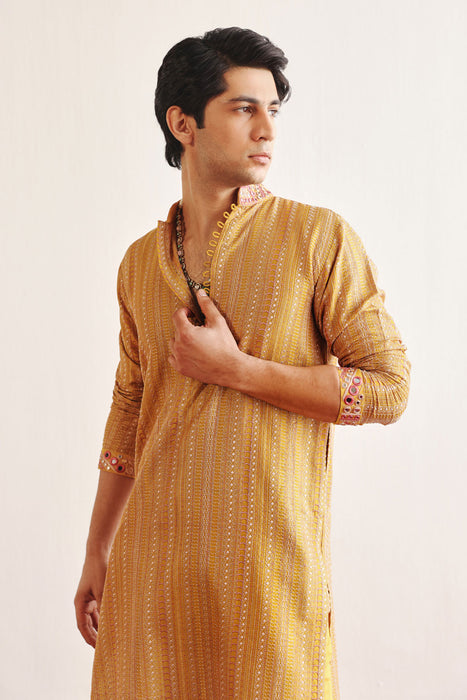 Golden Yellow Kantha Work Kurta With Mirrorwork