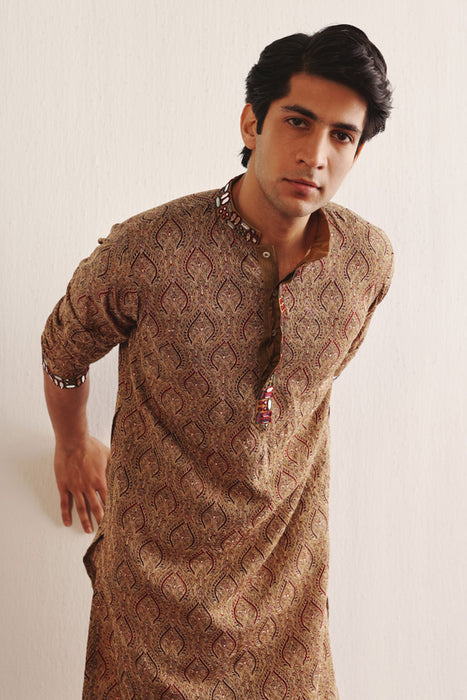 Ajrakh Kantha Work Kurta With Mirrorwork