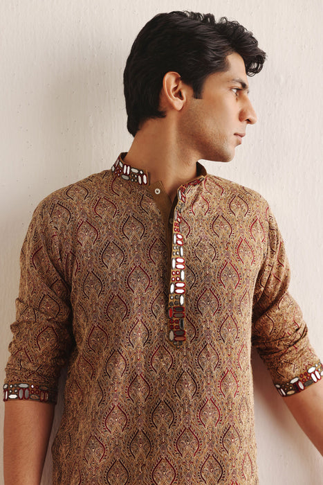Ajrakh Kantha Work Kurta With Mirrorwork