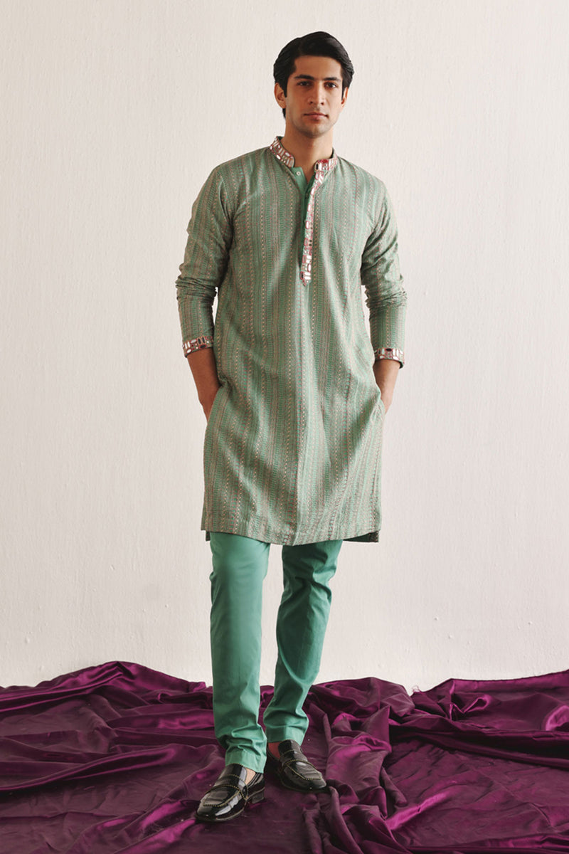 Sea Green Kantha Work Kurta With Mirrorwork