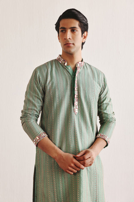 Sea Green Kantha Work Kurta With Mirrorwork