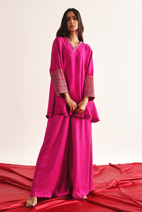 Marodiwork Silk Kurta and Flared Pants with Dupatta