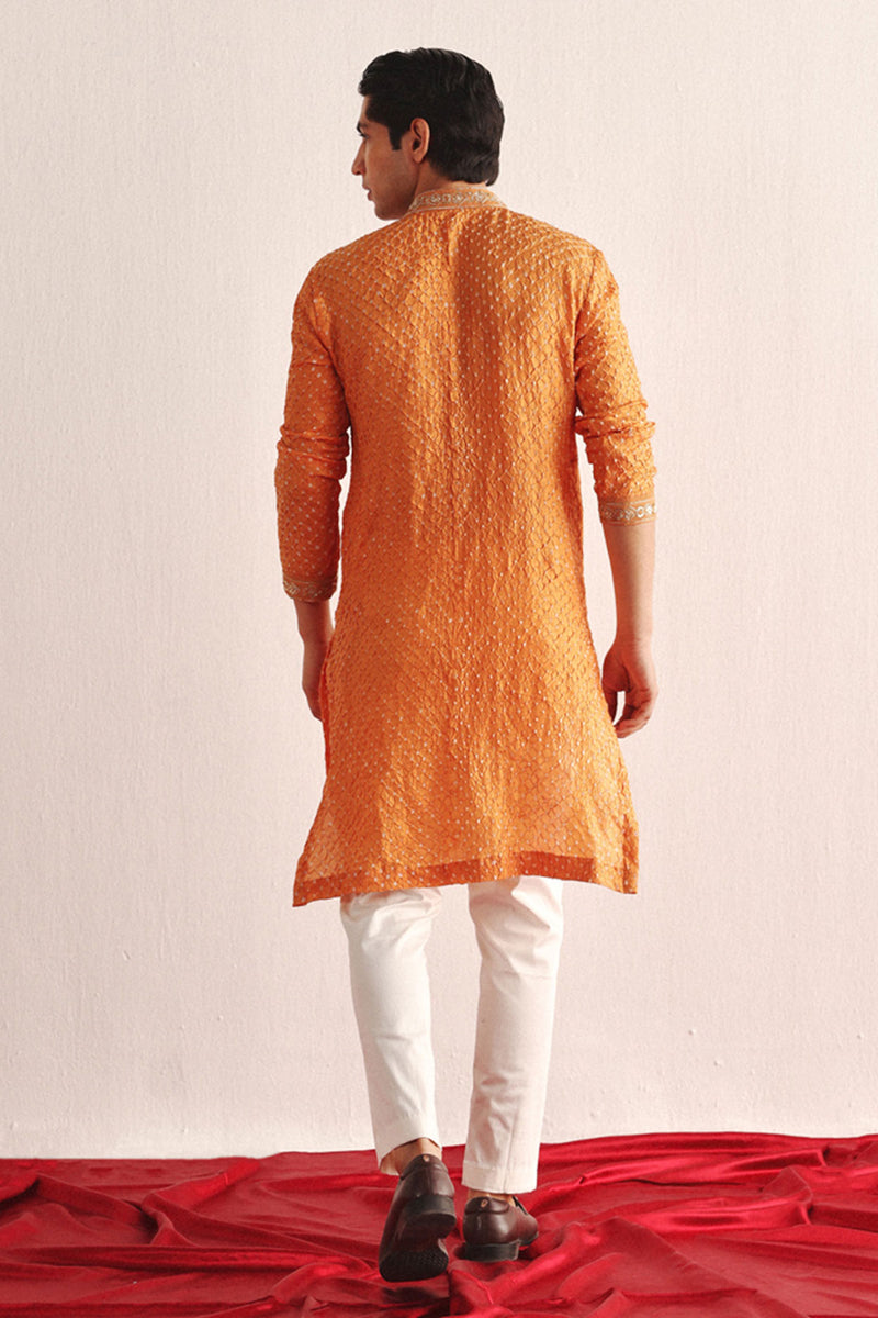 Mandarin Crushed Bandhani Kurta With Marodiwork