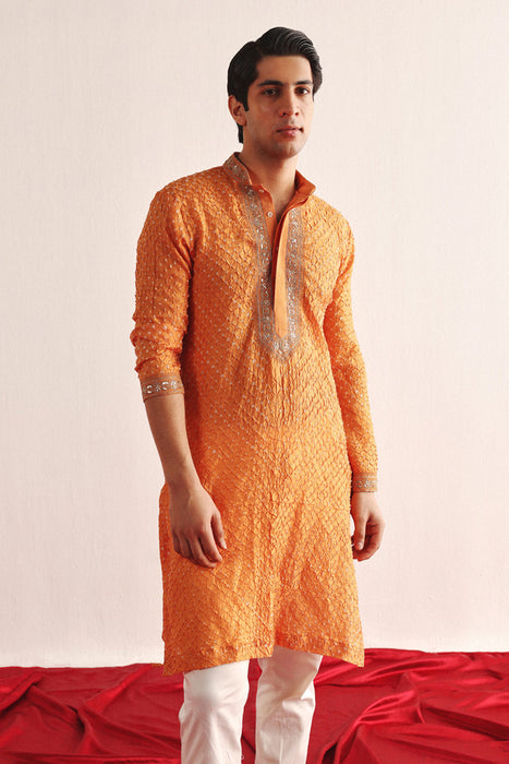 Mandarin Crushed Bandhani Kurta With Marodiwork