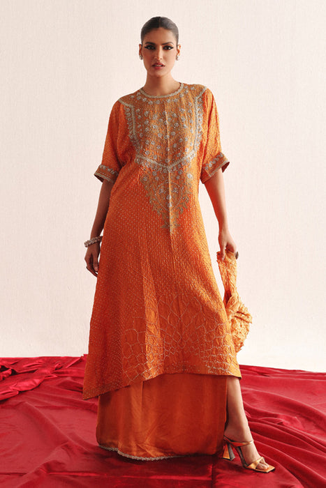 Marodiwork Crushed Bandhani Silk Kaftan Kurta with Pencil Skirt