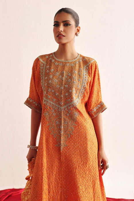 Marodiwork Crushed Bandhani Silk Kaftan Kurta with Pencil Skirt