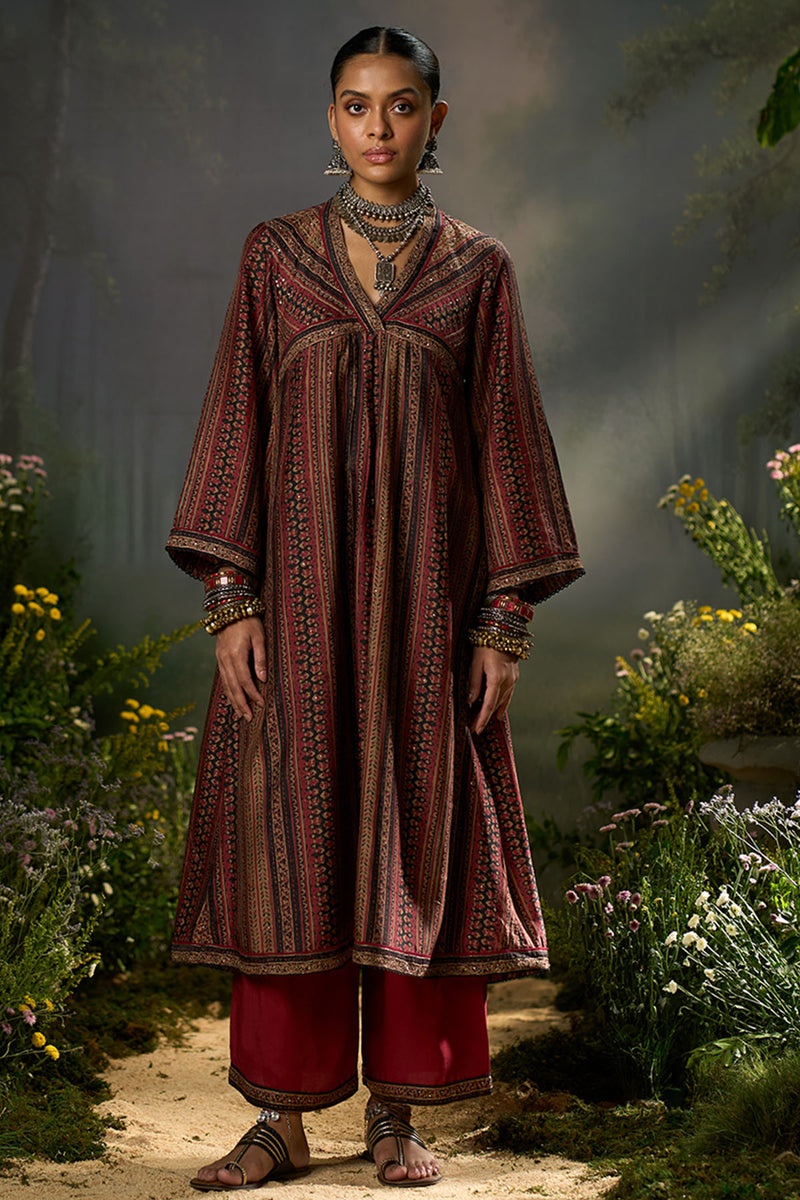 Deep Maroon and Black Silk Traditional Co-ord Set