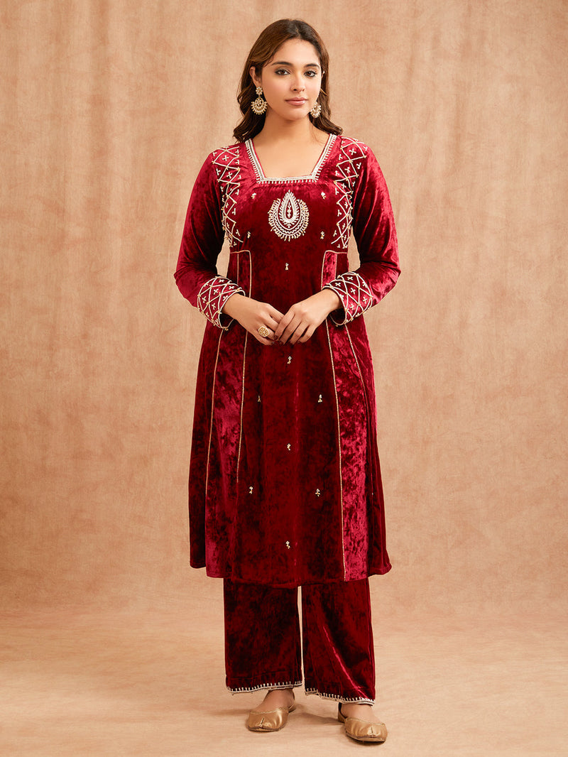 MAROON VELVET ANARKALI KURTA SET
