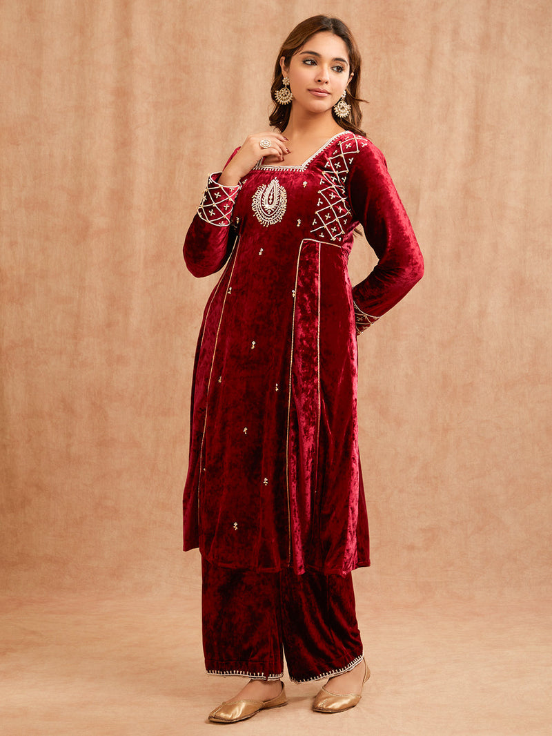 MAROON VELVET ANARKALI KURTA SET