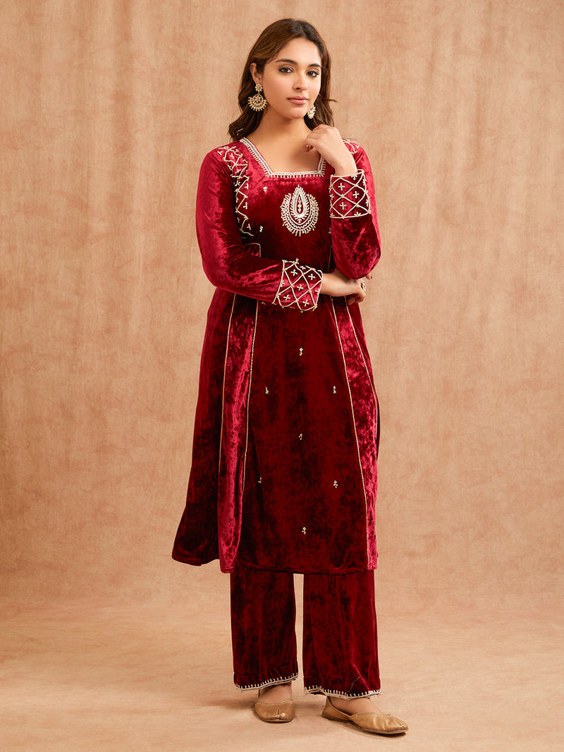 MAROON VELVET ANARKALI KURTA SET