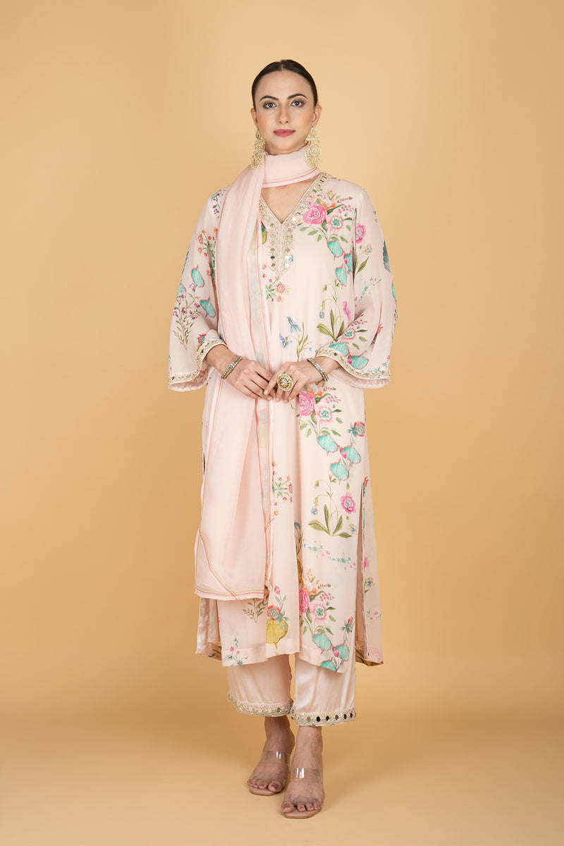 Nude Pink Floral Print Mirror Embroidered Kurta With Pants & Dupatta