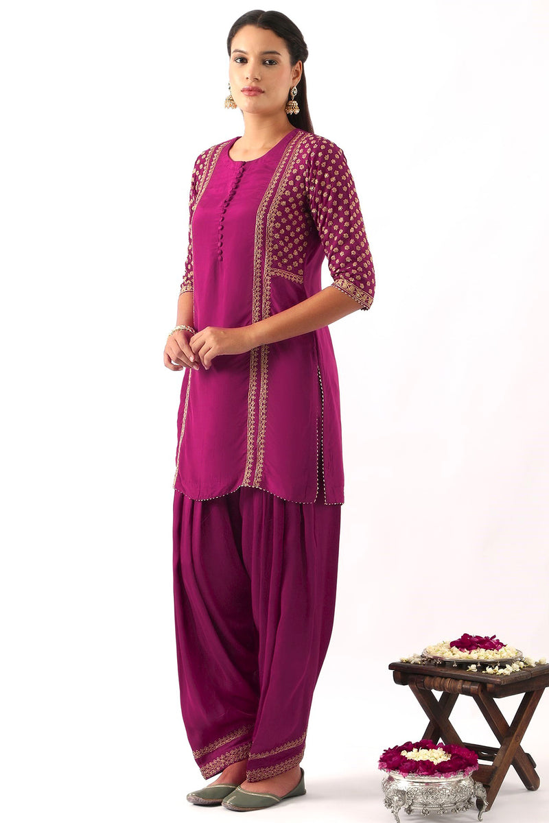 Magenta Pink yoke & sleeve embroidered short kurta & Salwar set