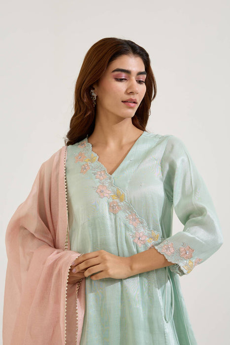 Mint Floral Zari Tissue Angrakha with Narrow Pants and Dupatta - Set of 3