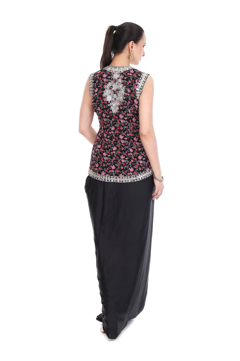 Black Mirror Embroidered Floral Print Jacket with Drape Skirt