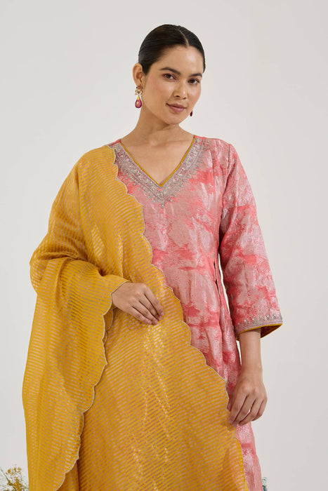 Yellow Zari Scallop Chanderi Stripe Dupatta