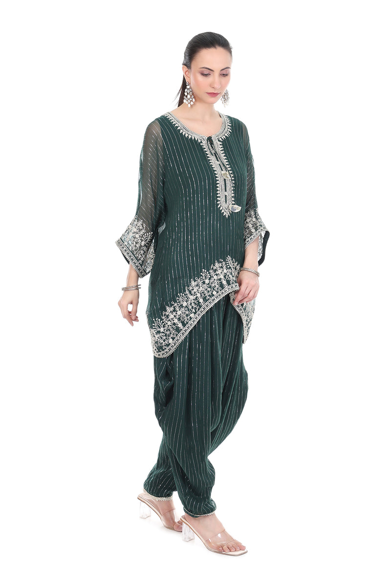 Green Embroidered High Low Kaftaan with Heram Pants