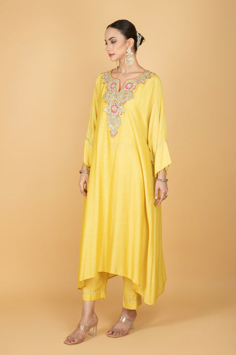 Lemon Yellow Embroidered Kaftaan  Kurta With Pants