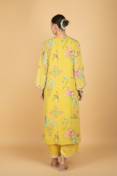 Lemon Yellow Floral Print Mirror Embroidered Kurta With Pants & Dupatta
